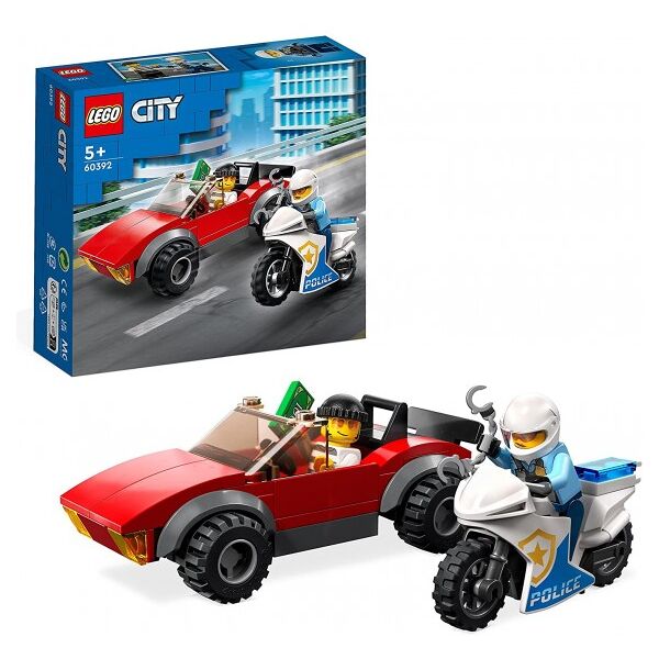 lego city - inseguimento sulla moto della polizia - lego 60392 con modello di auto da corsa e 2 minifigure anni 5+