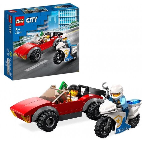lego city - inseguimento sulla moto della polizia - lego 60392 con modello di auto da corsa e 2 minifigure anni 5+