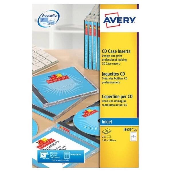 copertine scrivibili per cd avery 151x118 mm - inkjet conf. 25 fogli - j8435-25