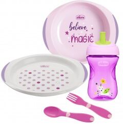 chicco all you need - set per la pappa 12 mesi+ piatti posatine e tazza rosa