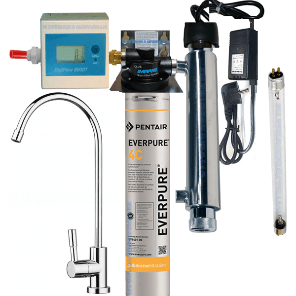 depuratore acqua  microfiltrazione acqua kit everpure 4c con filtro everpure 4c testa ql1 contalitri digitale e rubinetto kit everpure 4c con sterilizzatore uv testa ql2b contalitri digitale e rubinetto