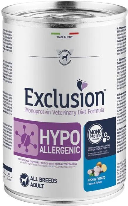 amicafarmacia exclusion monoprotein veterinary diet hypoallergenic umido pesce/patate cani lattina 400g