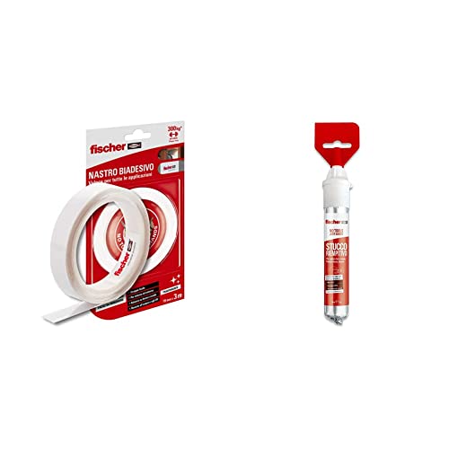 Fischer 552162 Nastro Biadesivo NTJH Trasparente, Fino a 300 kg per Rotolo, Resistente all'Acqua, per Uso Interno ed Esterno & Stucco Veloce NTJH con Spatola Integrata per Coprire Fori e Crepe