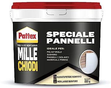 PATTEX Millechiodi Speciale Pannelli, Adesivo Bianco di Montaggio Multiuso, Colla Acrilica per Applicazioni in Interni, Colla per Legno, Polistirolo e Pannelli, 1x850g