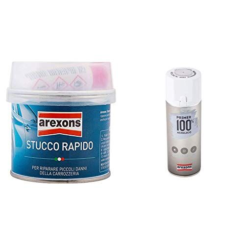 Arexons 0190197 8454 Stucco RAPIDO FAIDATE GR200, Grigio Chiaro & 3441 Primer 100% Acrilico Fondo Aggrappante per Plastica, 400 ml
