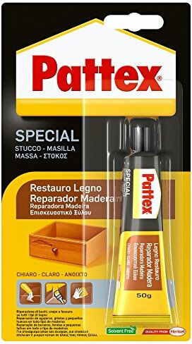 Pattex Special Restauro Legno Chiaro, Stucco Adesivo Forte ed Elastico, Per stuccatura di Fori o Ricostruzione di Parti mancanti di Legno, Carteggiabile, Verniciabile, Lucidabile, 50 g