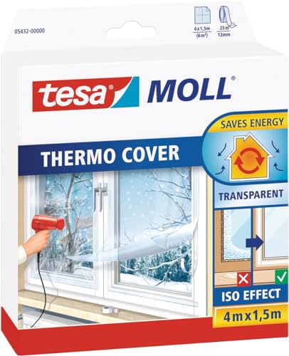 tesamoll Thermo Cover Window Pellicola Isolante per Finestre, Isolante Termico Trasparente per le Finestre, Include Nastro Biadesivo per una Facile Installazione, 4 m x 1,5 m