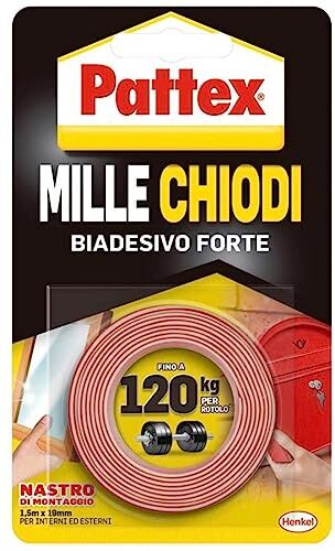 Pattex Millechiodi Tape, nastro biadesivo extra forte per applicazioni permanenti, nastro adesivo di montaggio per interni ed esterni, 19 mm x 1,5 m