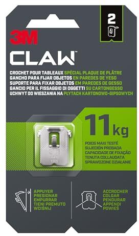 3M CLAW Gancio appendiquadri per cartongesso, 11 kg 3PH11-2WMR, 2 Ganci, Argento