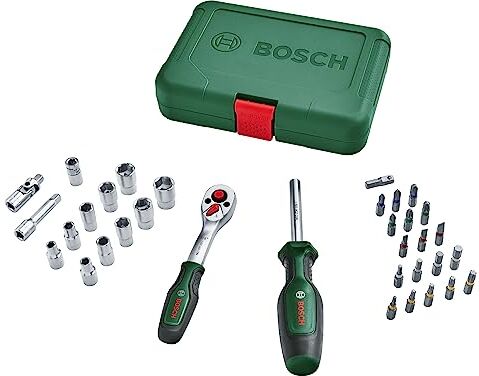 Bosch Home and Garden Set da 34 pezzi di cricchetti e bussole 1/4", versatile, per molteplici progetti fai-da-te, ergonomiche, impugnatura SoftGrip, portabit magnetico