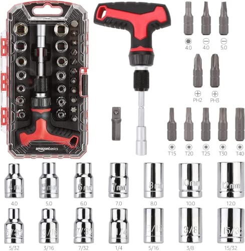 Amazon Basics Set di chiave a cricchetto e cacciavite magnetici con impugnatura a T, confezione da 27 pezzi