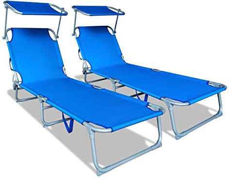 VOUNOT Set di 2 Lettino Prendisole Pieghevole, con Tettuccio Parasole e Schienale Regolabile, per Spiaggia, Piscina e Giardino, 190 x 58 x 27 cm, Blu