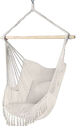 VOUNOT Poltrona Sospesa da Giardino 2 Cuscini, Sedia Amaca Altalena Macrame con Braccioli/Traversa in Legno, Portata Fino a 120 kg, per Interni Esterno Giardino, Beige