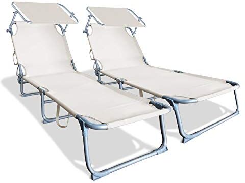 VOUNOT Lettino Prendisole Pieghevole, con Tettuccio Parasole e Schienale Regolabile, per Spiaggia, Piscina e Giardino, Beige, 190 x 58 x 28 cm, Set di 2