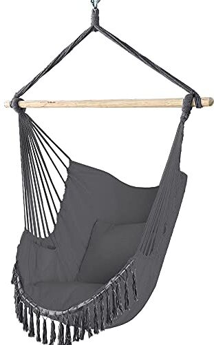 VOUNOT Poltrona Sospesa da Giardino 2 Cuscini, Sedia Amaca Altalena Macrame con Braccioli/Traversa in Legno, Portata Fino a 120 kg, per Interni Esterno Giardino, Grigio