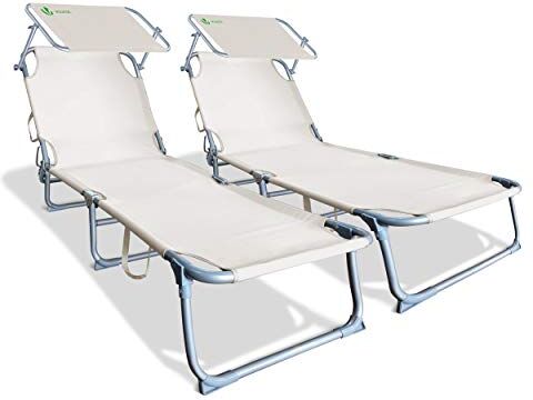 VOUNOT Set di 2 Lettino Prendisole Pieghevole, con Tettuccio Parasole e Schienale Regolabile, per Spiaggia, Piscina e Giardino, 190 x 58 x 27 cm, Beige