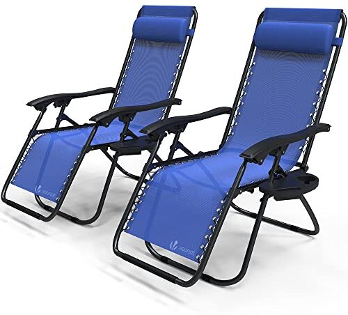 VOUNOT Set di 2 Sdraio da Giardino con Portabicchieri e Poggiatesta Regolabile, Sedia Pieghevole Zero Gravity da Esterno, Poltrona Relax, Carico Massimo 120kg, Blu