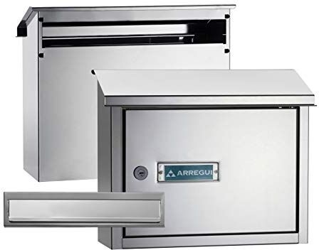 ARREGUI V4087 Pack Maxi copri fessura + cassetta postale in acciaio per porte o cancelli esterni, cassetta postale da esterno, cassetta postale 32,5x3 cm, taglia M (DIN A4 e rivista), Inox