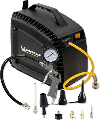 Michelin Compressore d'Aria Portatile MBL-GO COMPACT, Compressore Aria Oil-Free con Tubo Flessibile, Pistola di Gonfiaggio con Manometro, Pressione Massima 8 Bar, Tubo Avvolgitore Automatico, 1.5 CV