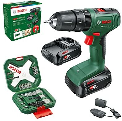 Bosch Home and Garden Trapano a percussione, 2x batteria da 2,0 Ah, EasyImpact 18V-40 sistema 18 volt, set di cacciaviti e punte per legno, pietra metallo 34 pz, Mandrino 13mm