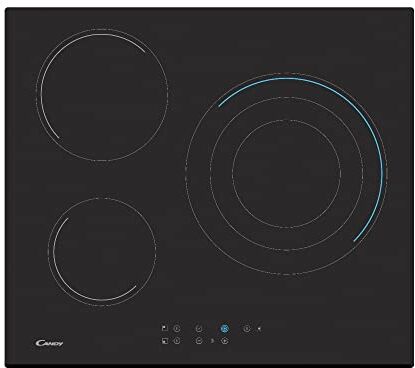 Candy CH63TVT, piastra in vetroceramica, 3 zone, 60 cm, 10 livelli di potenza, 5,7 W, smussata, timer, blocco di sicurezza, indicatore di calore, allarme surriscaldamento e perdite, nero