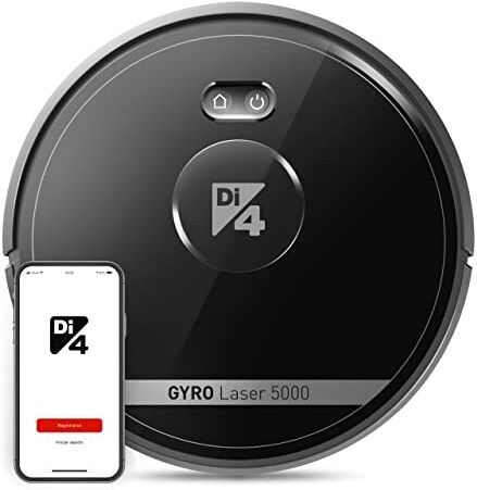 Di4 Gyro Laser 5000 Robot Aspirapolvere 4 in1: Spazza, Aspira, Lava e Passa il Mocio, App Alexa e Google Home, 7 funzioni di lavaggio, 5000 Pa, Ricarica Automatica, Programmabile, Autonomia 120 min