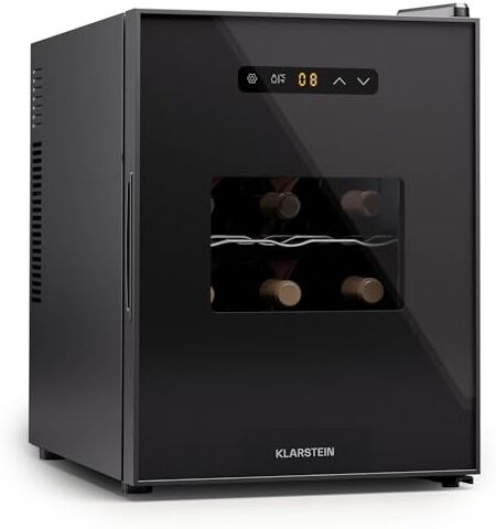 Klarstein cantinetta vino a 1 zona a posizionamento libero, piccolo frigo per bevande, per vino, piccola cantinetta vino con sportello di vetro, frigorifero per bottiglie indoor/outdoor, 12 bottiglie