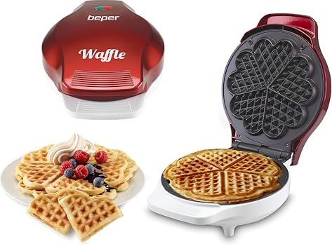 Beper - Piastra per Waffle, Cialdiera, 5 Waffle Alla Volta, Piastra Antiaderente 18cm, 800-100W - Rosso/Bianco