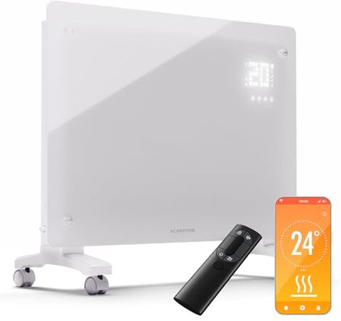 Klarstein Stufa Elettrica Basso Consumo, Stufa Elettrica 1500W, Termoconvettore Smart con Rotelle, Termosifone Elettrico Portatile, Termoconvettore a Parete con Termostato, Stufetta Elettrica per Casa