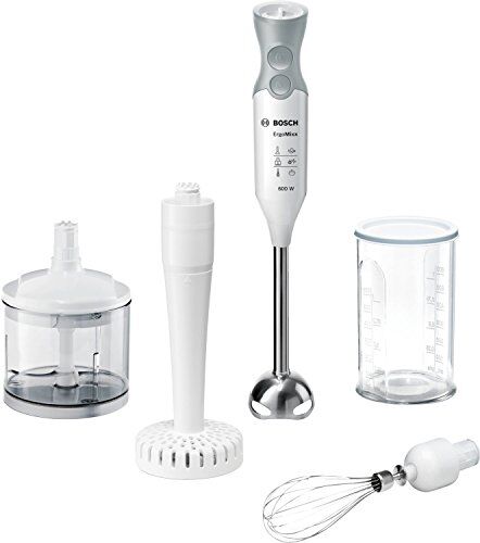 Bosch ErgoMixx Hand Blender - Frullatore a Immersione Portatile, 600 W, 12 Velocità, Lama a 4 Ali, Bicchiere Graduato, Mini Tritatutto, Accessorio per Puré ProPuree e Frusta in Acciaio Inox