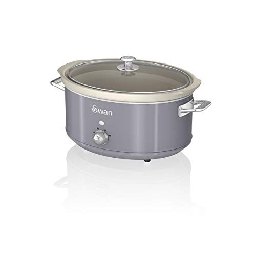 Swan Retro SF17031GRN Slow Cooker 6,5L Contenitore di Cottura rimovibile, Ceramic Non-Stick PFOA & PTFE Free, 3 Livelli di Temperatura, Coperchio di Vetro, Design Vintage, Grigio, 320W