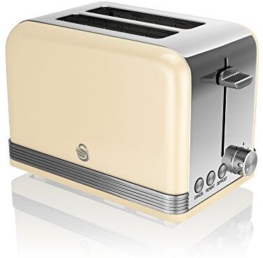 Swan Retro ST19010CN Tostapane a Fessura Larga 2 Fette, Design Vintage, 3 Funzioni: Scongelamento, Riscaldamento, Annullamento, 6 Regolatore del livello di Tostatura, Acciaio Inox., Crema, 815W