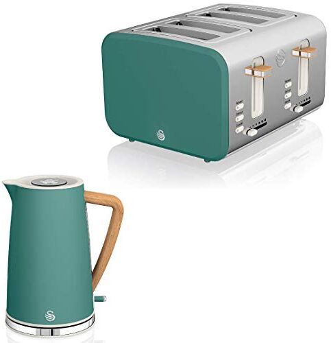 Swan Nordic Set per colazione, bollitore senza fili, 1,7 l, 2200 W, tostapane a fessura larga 4 fette, 3 funzioni, design moderno, effetto legno, verde