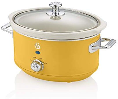 Swan Retro SF17021YELN Slow Cooker 3,5L Contenitore di Cottura rimovibile, Ceramic Non-Stick PFOA & PTFE Free , 3 Livelli di Temperatura, Coperchio di Vetro, Design Vintage, Giallo, 200W