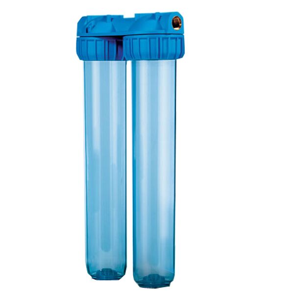contenitore doppio per 2 filtri acqua 20 in/out 3/4 ottone col. trasparente