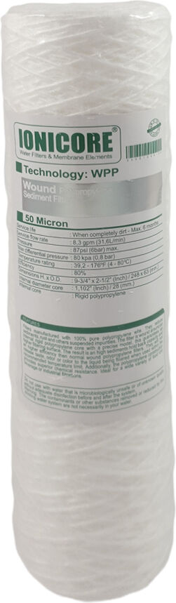 Ionicore Cartuccia Filtro Sedimento Polipropilene Avvolto 9-3/4" 50 Micron (Adat