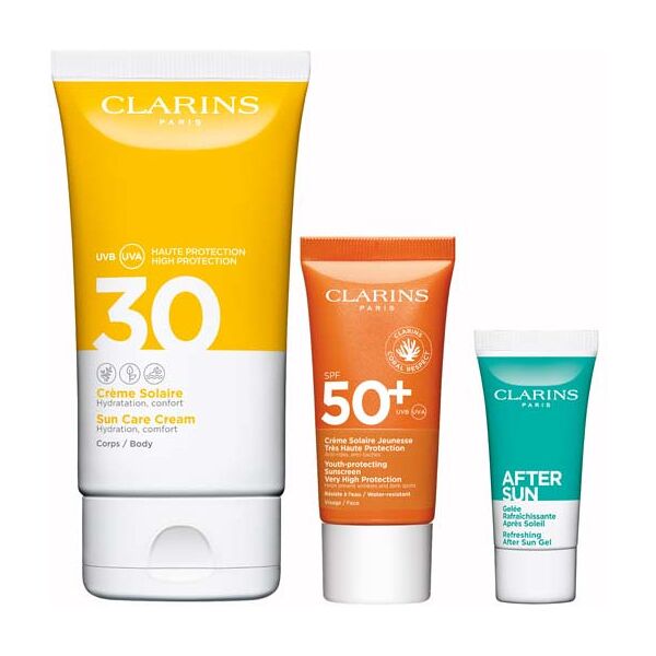 clarins crème solaire spf 30 confezione 150 ml crema corpo spf 30 + 30 ml crema viso spf 50+ + 8 ml gel doposole