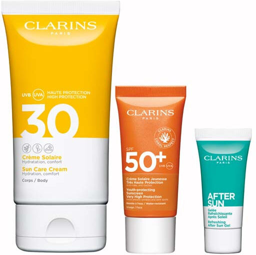 Clarins Crème Solaire SPF 30 Confezione 150 ML Crema Corpo SPF 30 + 30 ML Crema Viso SPF 50+ + 8 ML Gel Doposole