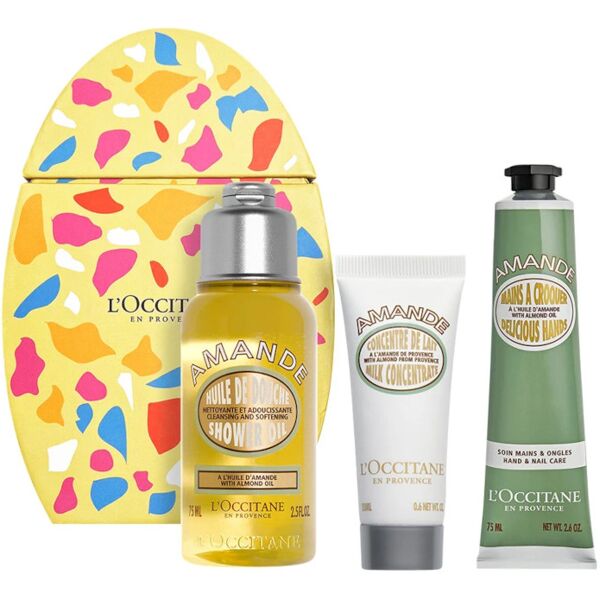 l'occitane en provence amande - mains a croquer - crema mani cofanetto 75 ml crema mani + 20 ml latte corpo + 75 ml olio corpo