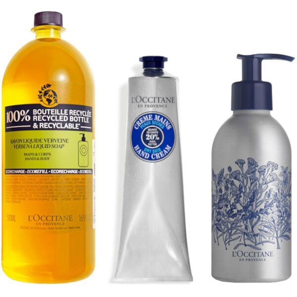 l'occitane en provence karitè - collection soins des mains 500 ml ricarica sapone liquido mani + 75 ml crema mani + flacone vuoto in alluminio