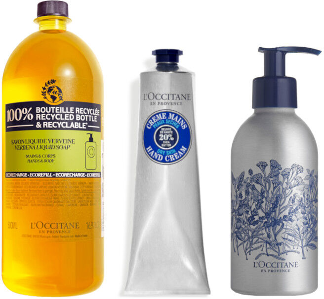 l'occitane en provence karitè - collection soins des mains 500 ml ricarica sapone liquido mani + 75 ml crema mani + flacone vuoto in alluminio