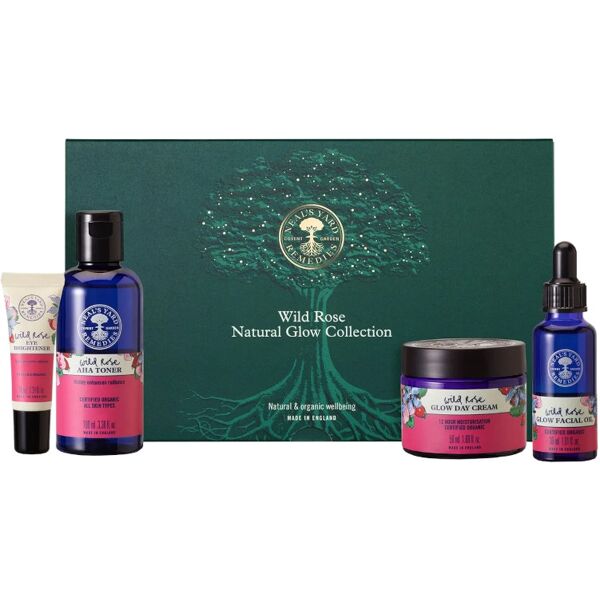 neal's yard remedies wild rose natural glow collection 100 ml tonico viso + 10 ml contorno occhi + 30 ml olio viso + 50 ml crema viso