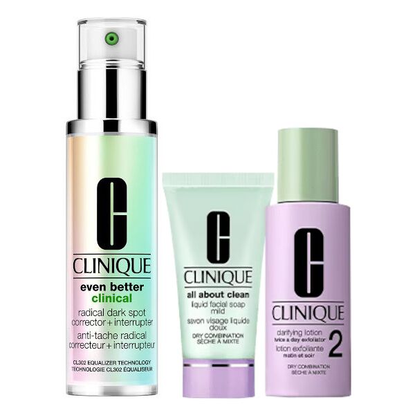 clinique even better clinical radical dark spot corrector + interrupter confezione 30 ml siero viso + 30 ml sapone liquido viso + 30 ml lozione esfoli