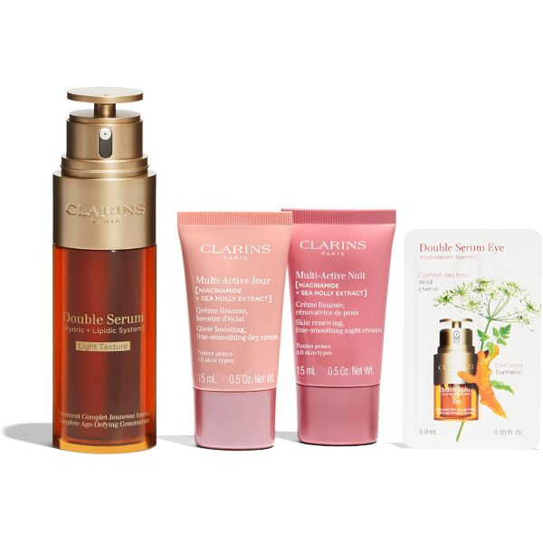 clarins double serum light + multi-active confezione 50 ml siero viso + 15 ml crema giorno viso + 15 ml crema notte viso + 0,9 siero occhi