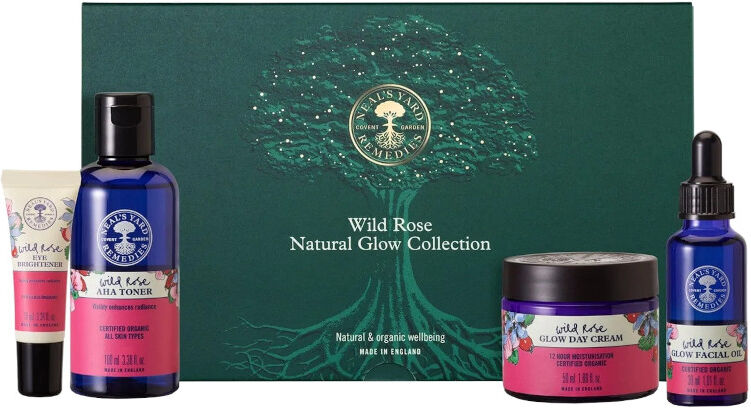 neal's yard remedies wild rose natural glow collection 100 ml tonico viso + 10 ml contorno occhi + 30 ml olio viso + 50 ml crema viso