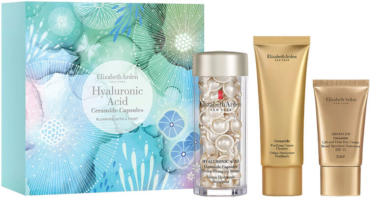 elizabeth arden hyaluronic acid ceramide capsule hydra-plumping serum confezione 60 capsule viso + 15 ml crema viso giorno + 50 ml detergente viso