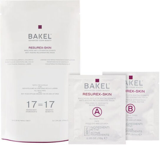 bakel bakel resurex-skin maschera anti-età rivitalizzante viso, collo e décolleté 3 x 10 gr (busta a) + 3 x 37 ml (busta b)