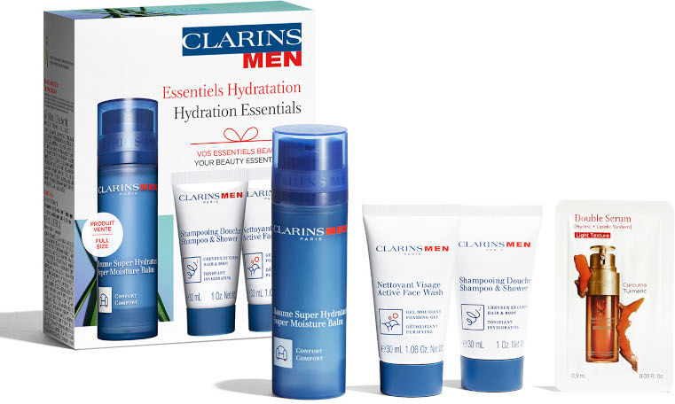 baume super hydratant - clarins men confezione 50 mlbalsamo viso + 0,9 siero viso + 30 ml shampoo e  gel doccia + 30 ml detergente viso