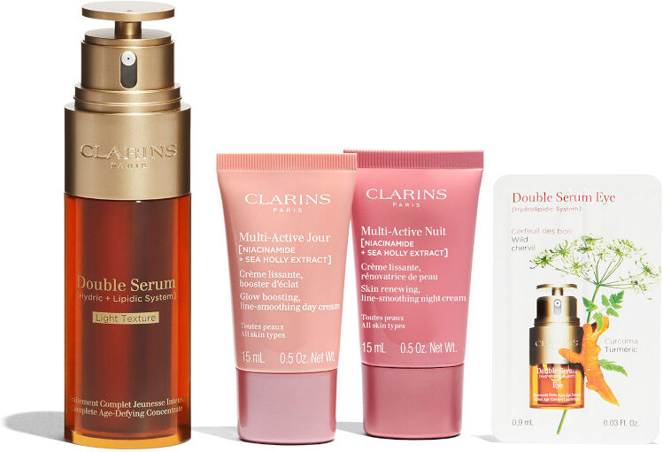 clarins double serum light + multi-active confezione 50 ml siero viso + 15 ml crema giorno viso + 15 ml crema notte viso + 0,9 siero occhi