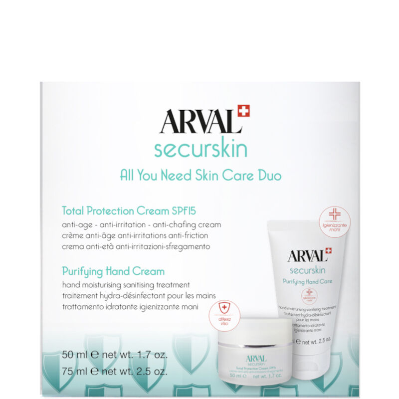 arval securskin - total protection cream + purifying hand cream 50 ml crema viso + 75 ml igienizzante mani